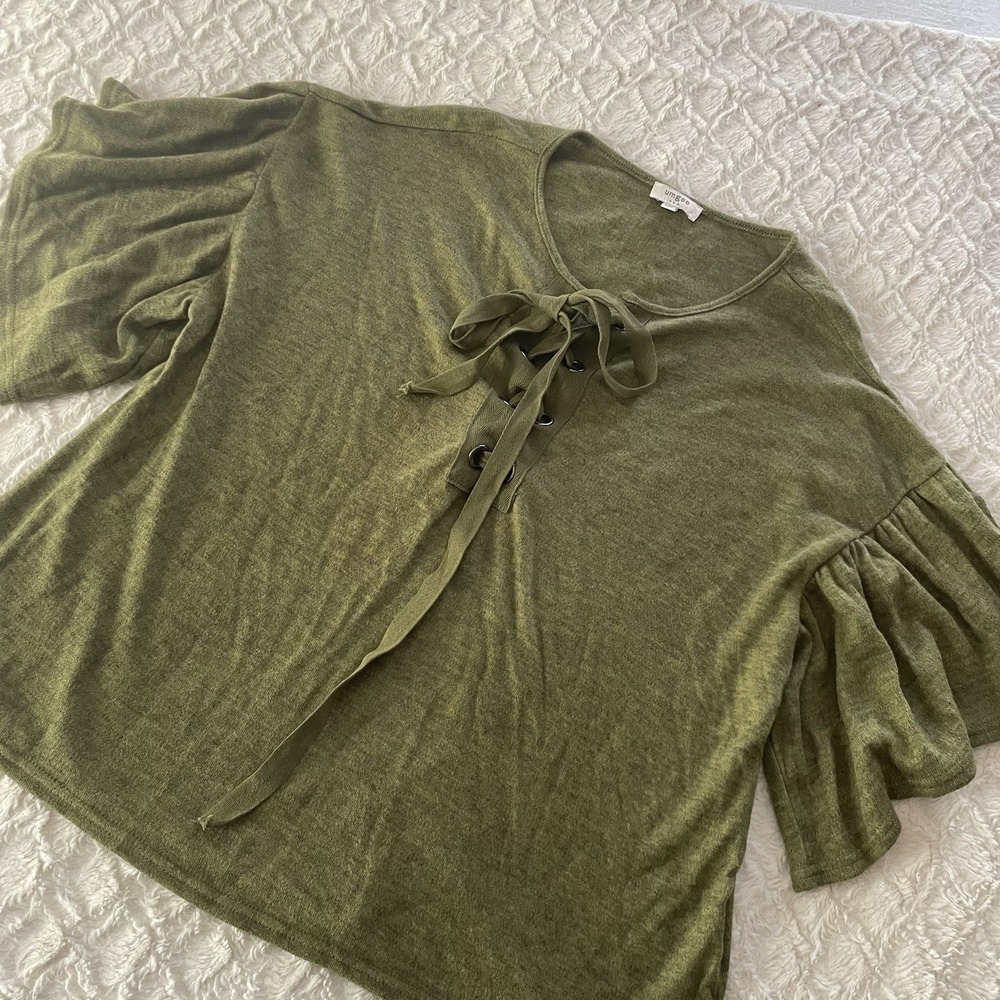 Umgee Lace Up Green Ruffle Sleeve‎ Shortsleeved Small S Shirt Blouse Top Casual